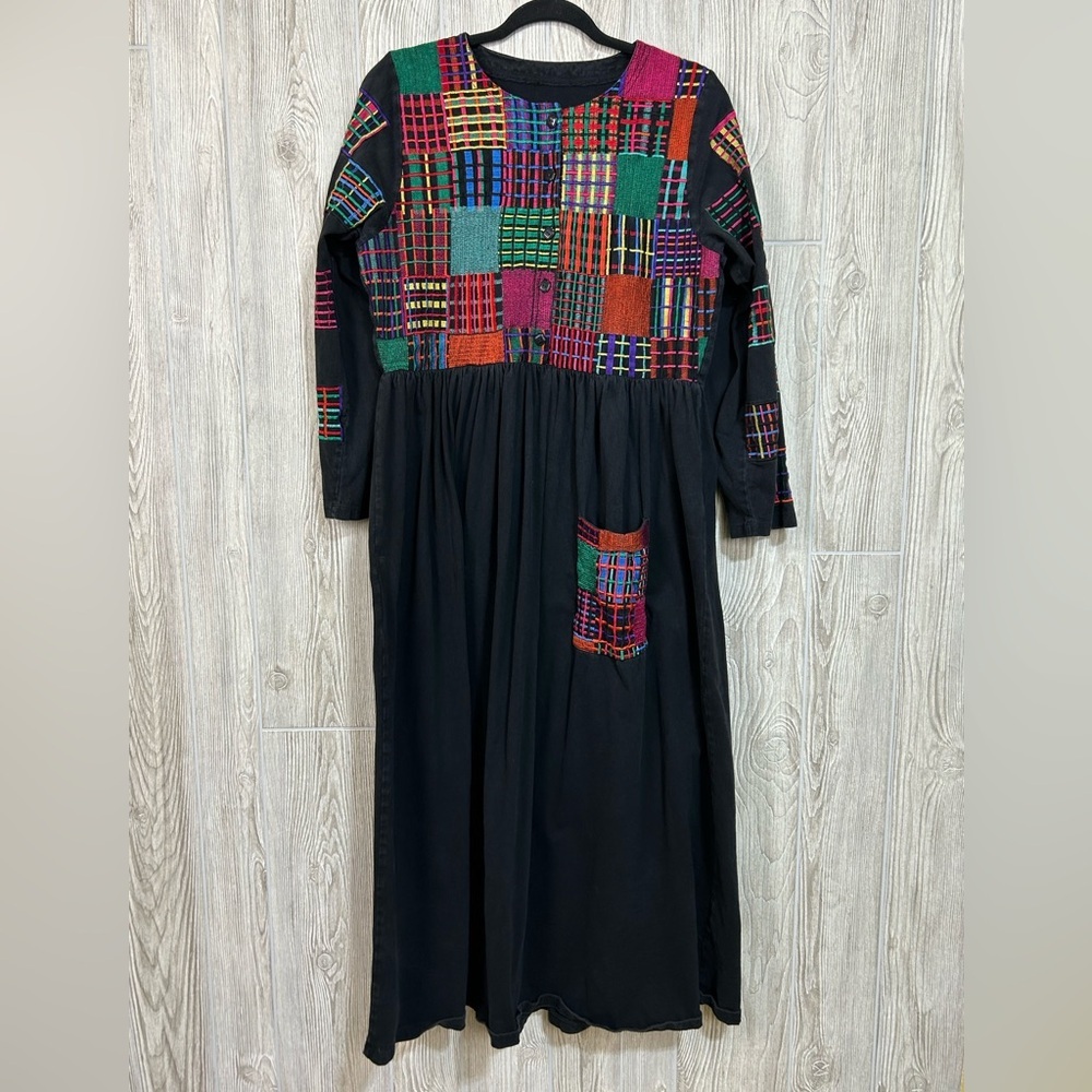 Colorful Patchwork Long Sleeve Cotton Maxi Dress 
Art to Wear Lagenlook Size L